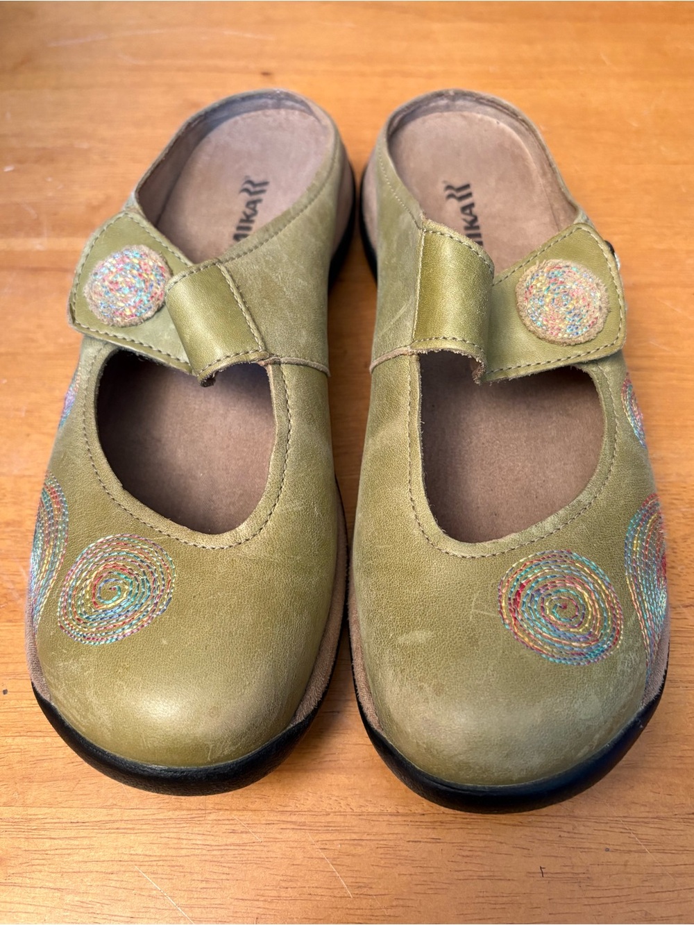 Romika Olive Green Mary Jane Clogs with Multicolor Swirl Stitching